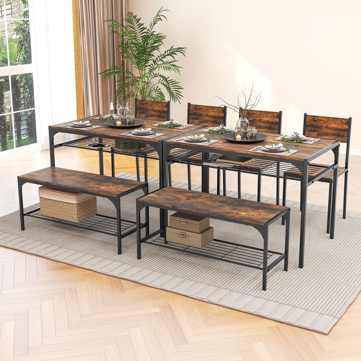 Industrial Style Rectangular Kitchen Table with Bench and Chairs-Gray