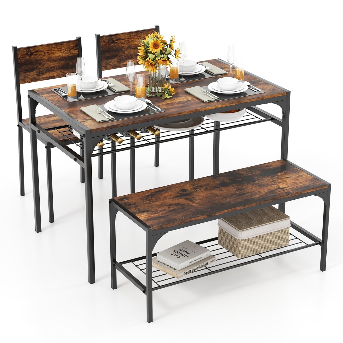 Industrial Style Rectangular Kitchen Table with Bench and Chairs-Gray