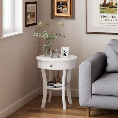 2-Tier Wood Round End Table with Open Drawer-Black
