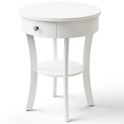 2-Tier Wood Round End Table with Open Drawer-Black