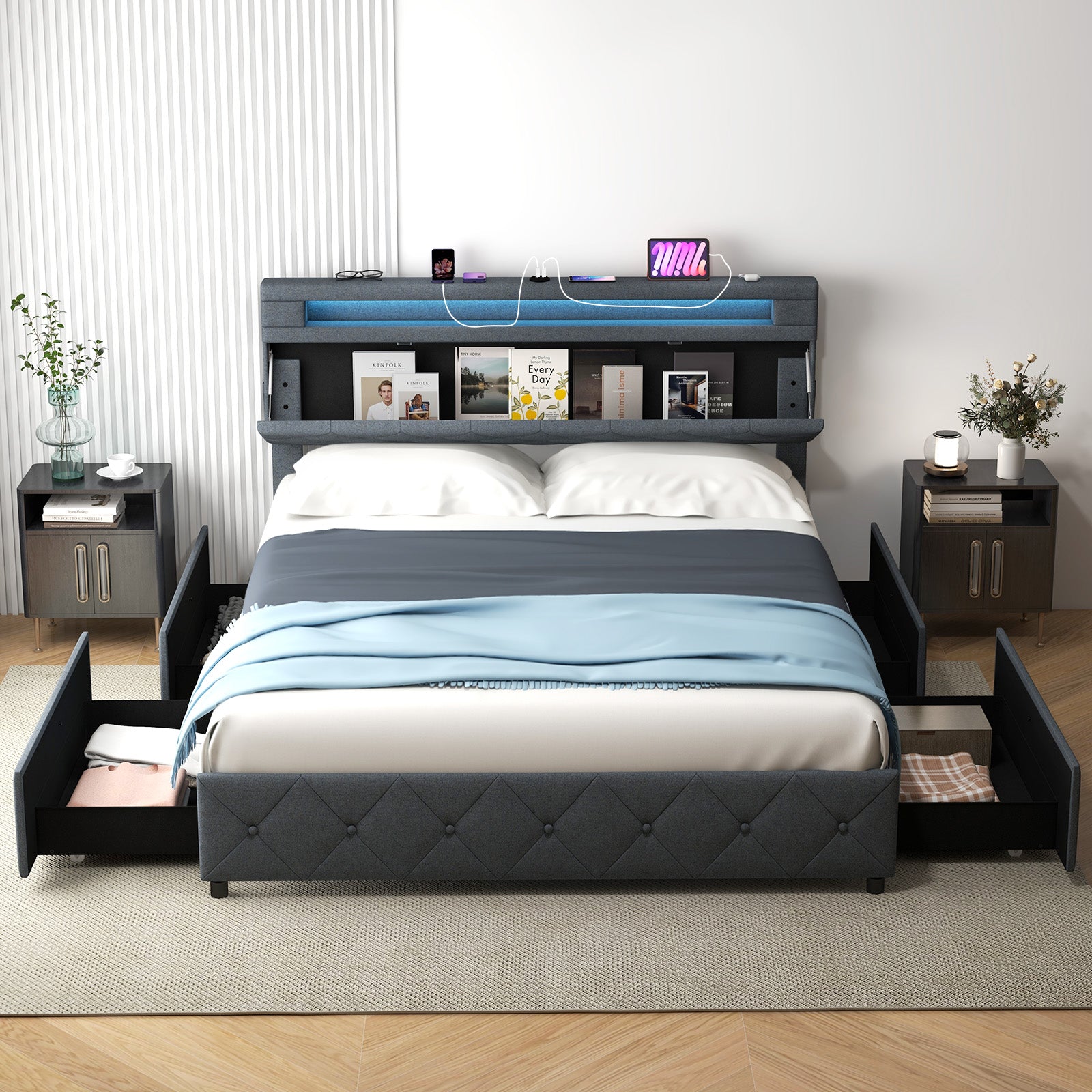 Queen size bed frame with adjustable storage headboard and wooden slat support, from Direct by Wilsons Home Store.