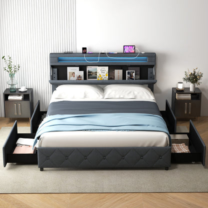 Queen size bed frame with adjustable storage headboard and wooden slat support, from Direct by Wilsons Home Store.