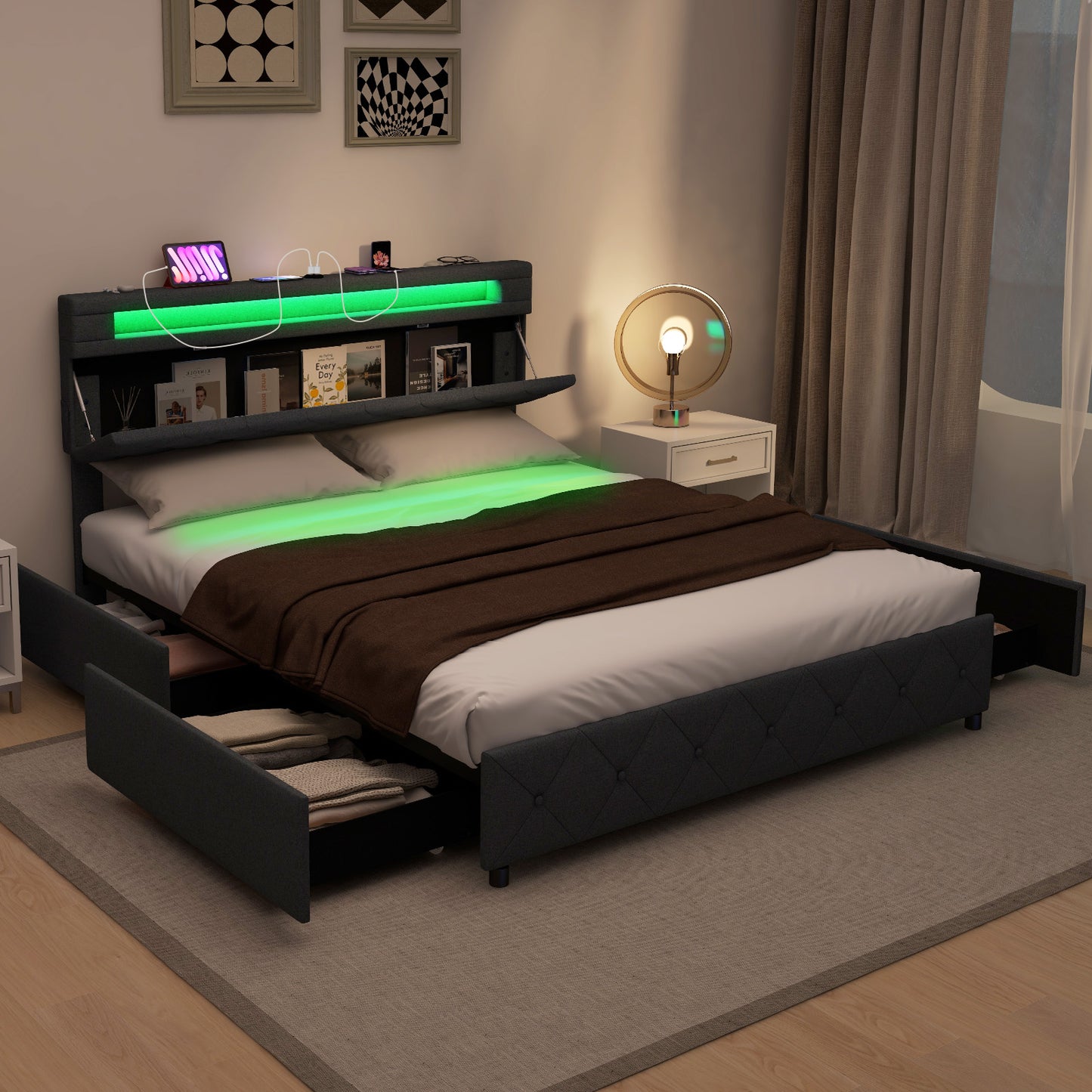 Full/Queen size bed frame by Wilsons Home Store with adjustable storage headboard and wooden slat support in a bedroom setting.
