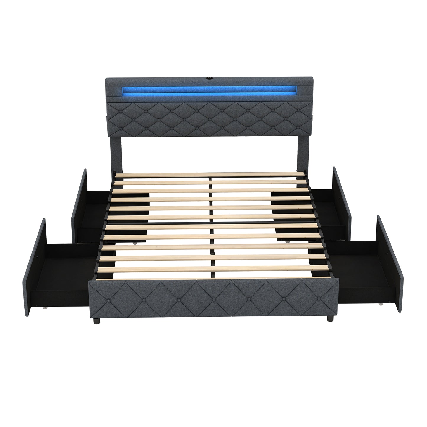 Queen size wooden bed frame with adjustable storage headboard and slat support, modern bedroom furniture by Wilsons Home Store