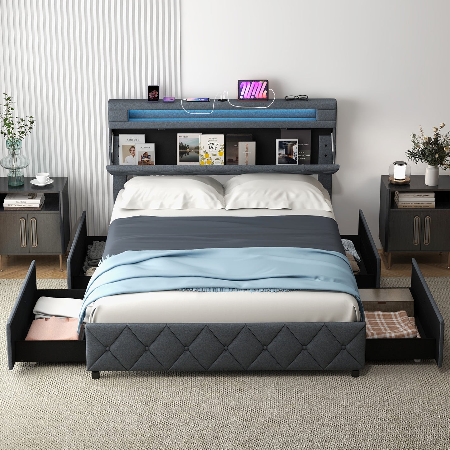 Full/Queen size bed frame with adjustable storage headboard and wooden slat support, modern bedroom furniture from Wilsons Home Store