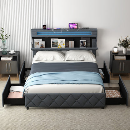 Full/Queen size bed frame with adjustable storage headboard and wooden slat support, modern bedroom furniture from Wilsons Home Store
