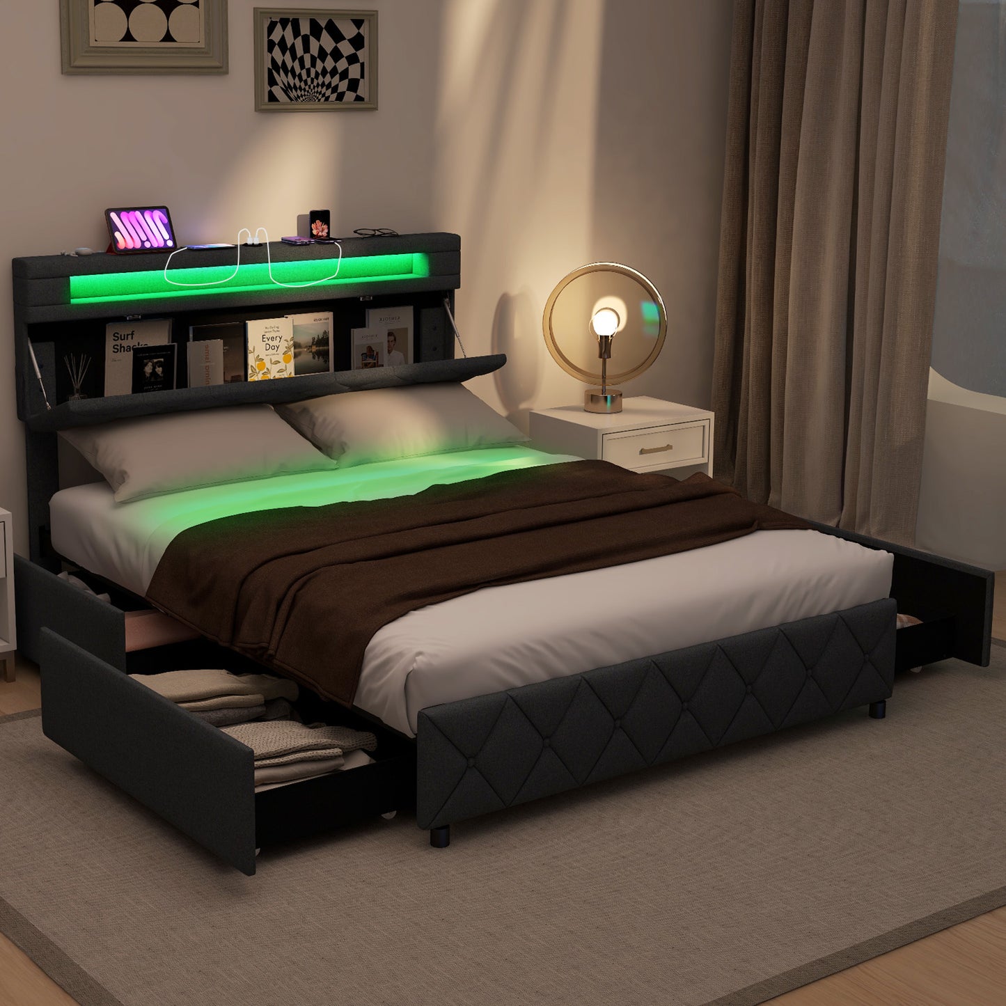 Full/Queen Size Bed Frame with Adjustable Storage Headboard and Wooden Slat Support-Full