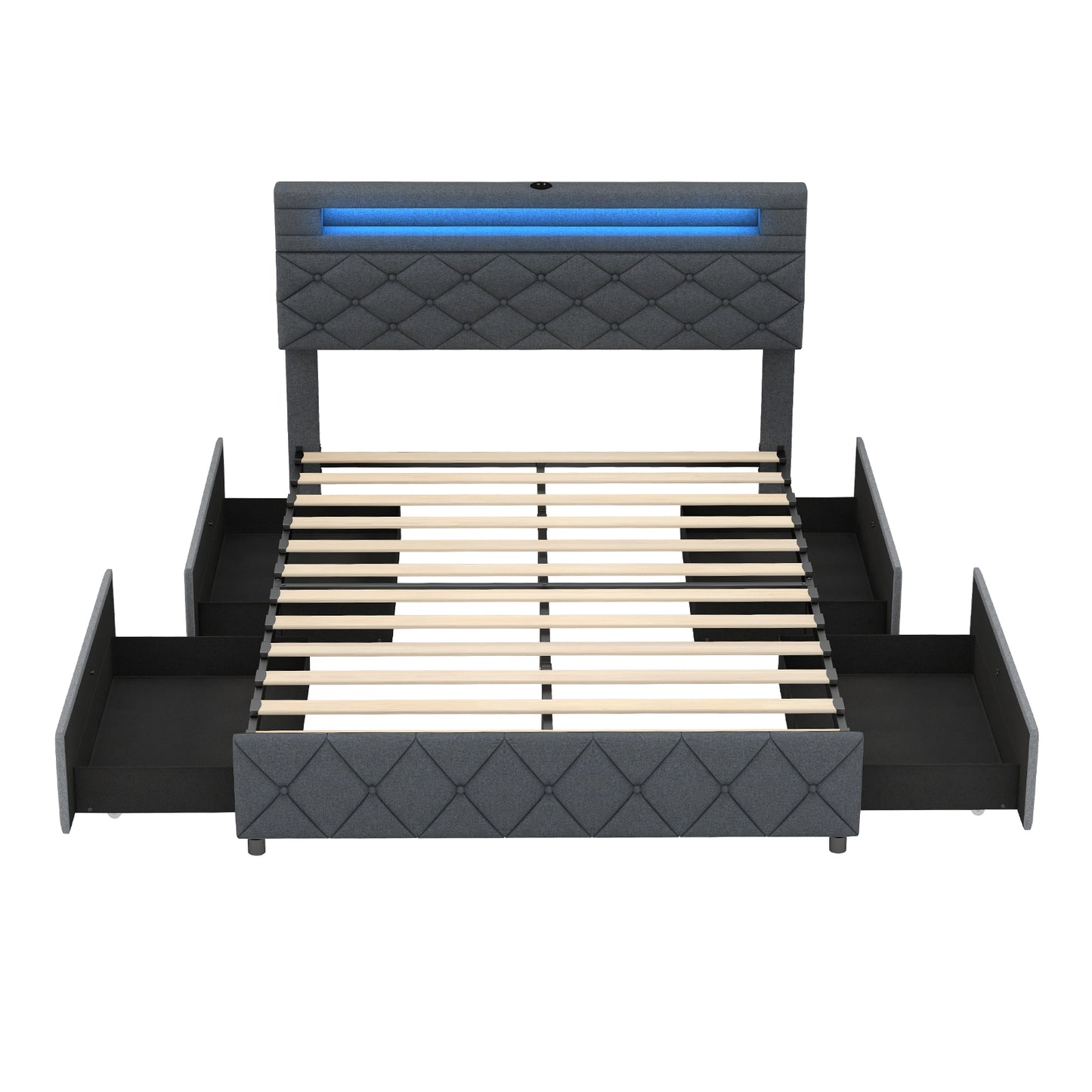 Full/Queen size bed frame with adjustable storage headboard and wooden slats, designed for modern bedroom furniture.