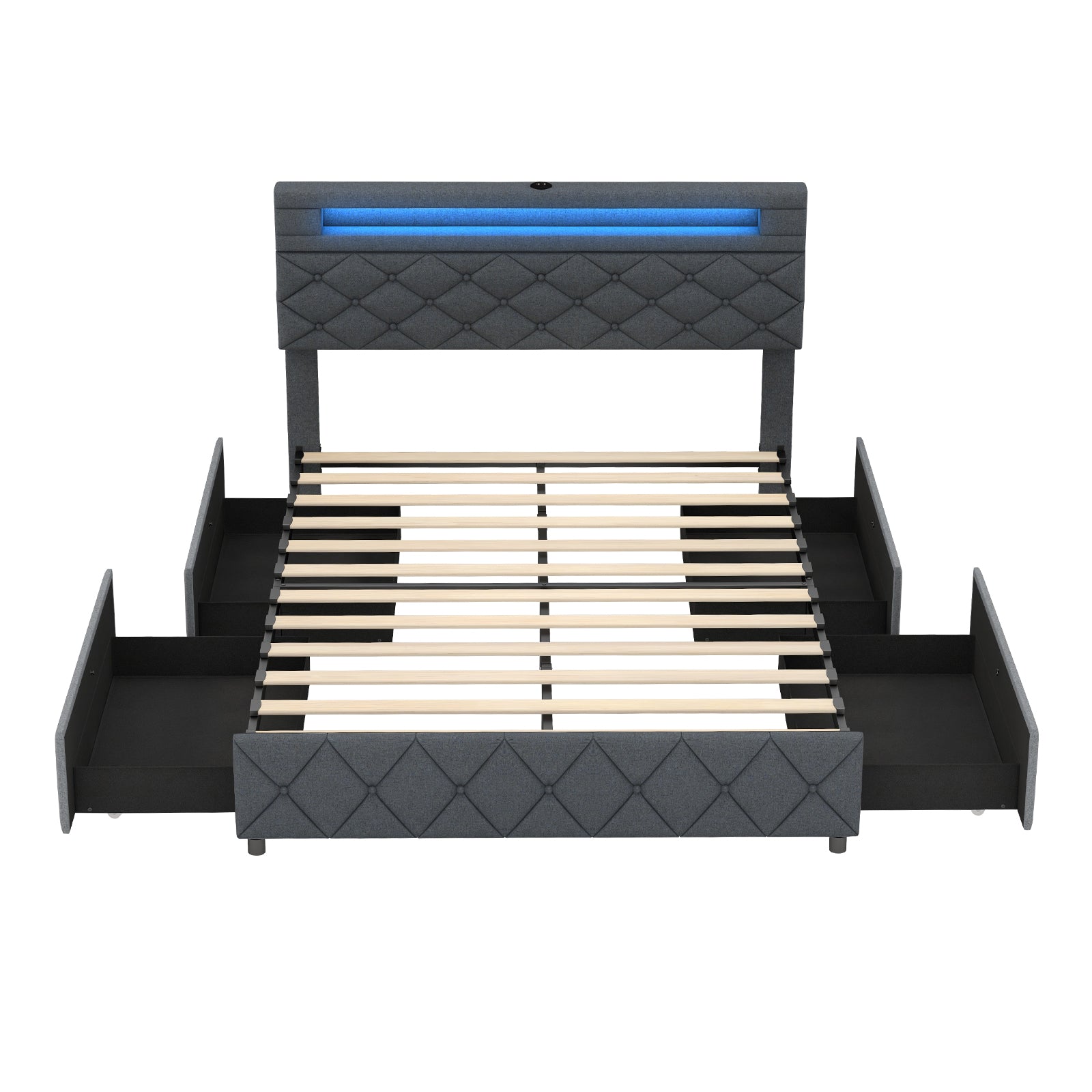Full/Queen size bed frame with adjustable storage headboard and wooden slats, designed for modern bedroom furniture.