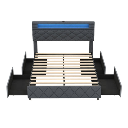 Full/Queen size bed frame with adjustable storage headboard and wooden slats, designed for modern bedroom furniture.