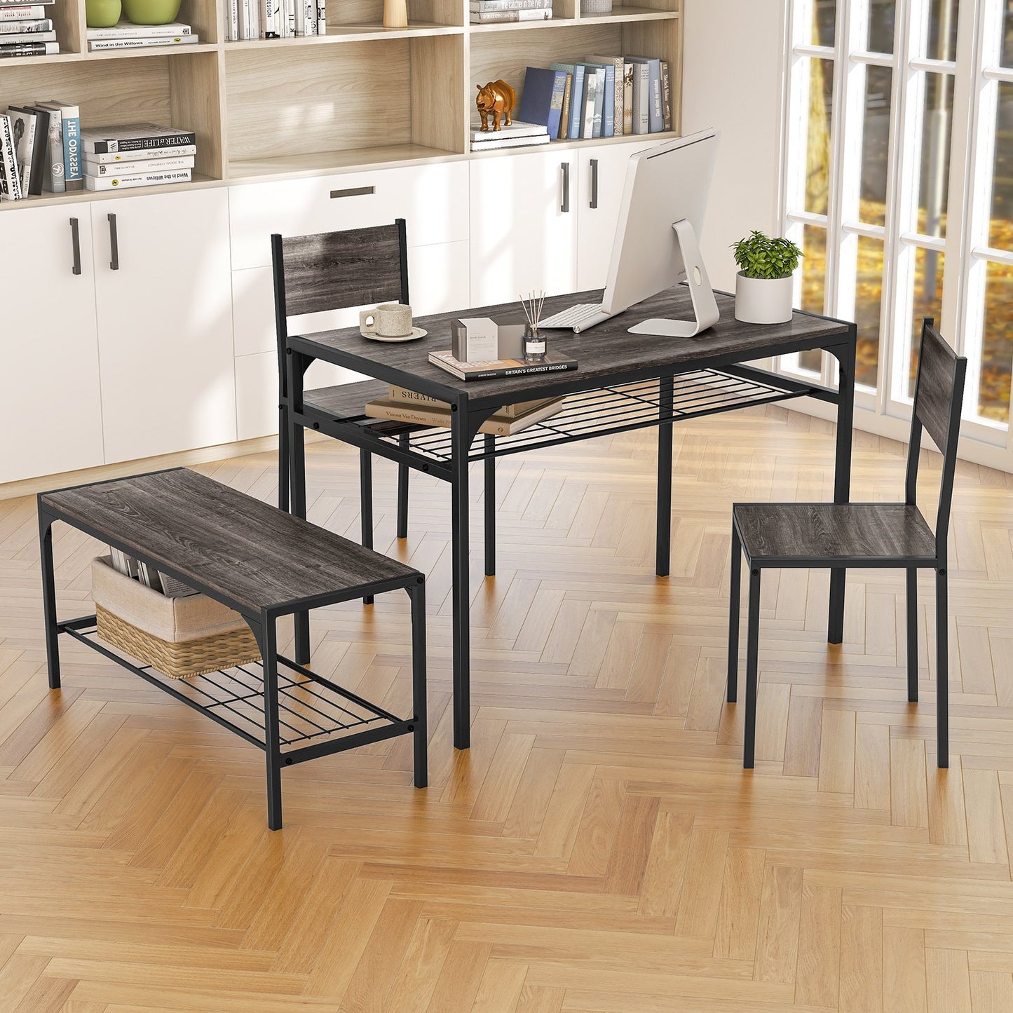 Industrial Style Rectangular Kitchen Table with Bench and Chairs-Gray