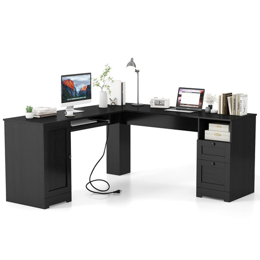 66 Inch L-Shaped Writing Study Workstation Computer Desk with Drawers-Black