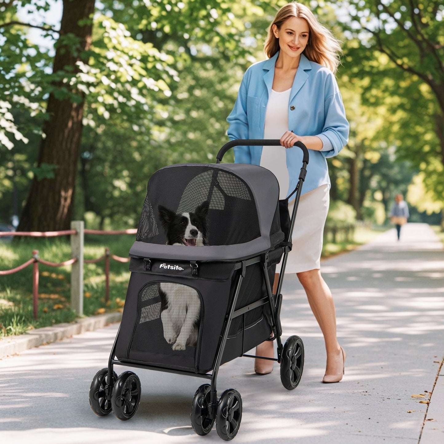 Black dog stroller for medium and small senior dogs with dual entry, designed for elderly pets, by Wilsons Home Store.