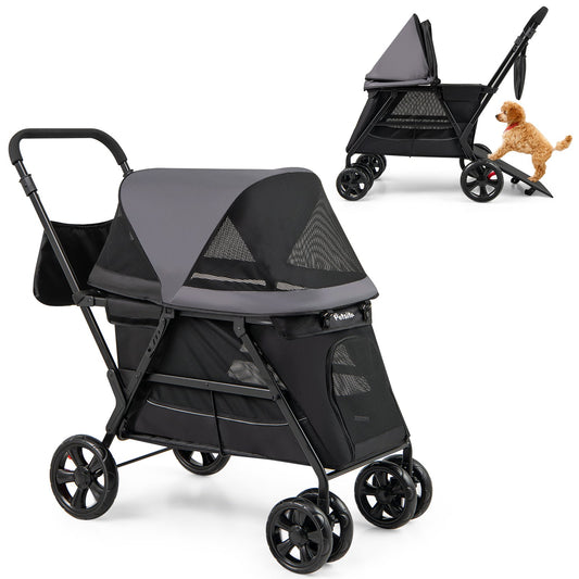Black dog stroller for medium and small senior or elderly dogs with dual entry, designed for easy pet transportation.
