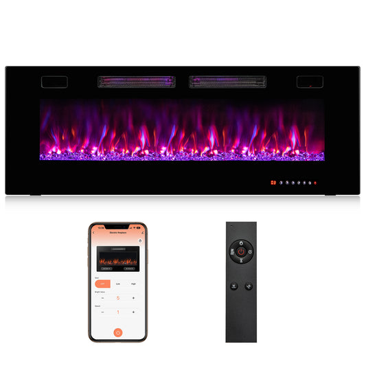 50-inch ultra-thin electric fireplace with decorative crystals, black finish, and realistic flame display for modern home climate control