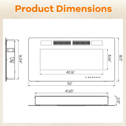 42/50/60/72 Inch Ultra-Thin Electric Fireplace with Decorative Crystals-50 inches
