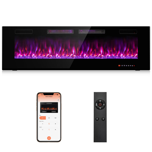 60-inch ultra-thin electric fireplace with decorative crystals, sleek black finish, and modern design for home climate control.