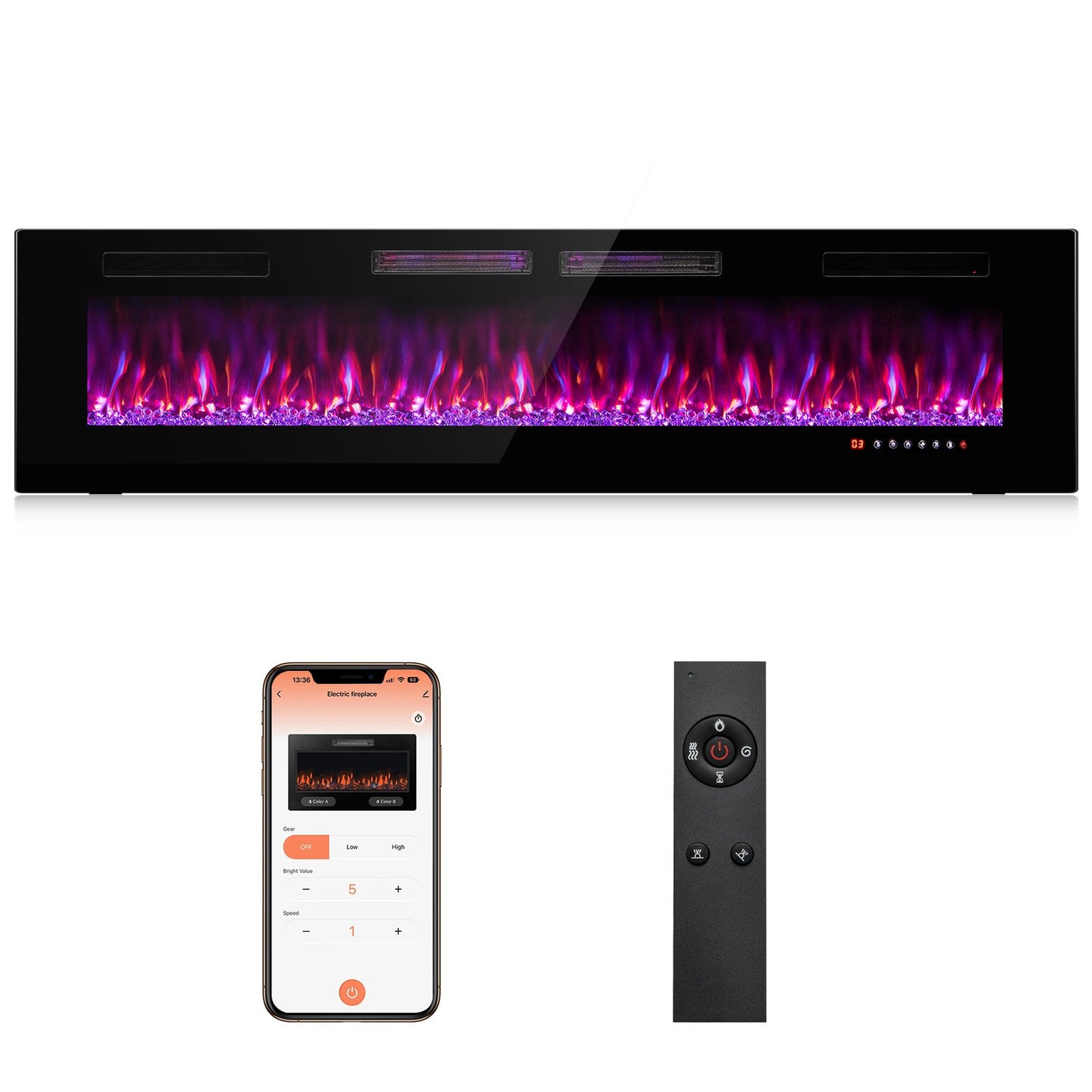 42 Inch Ultra-Thin Electric Fireplace with Decorative Crystals and Smart APP Control-42 inch