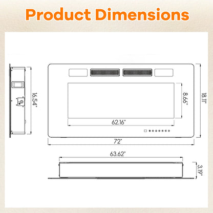 42/50/60/72 Inch Ultra-Thin Electric Fireplace with Decorative Crystals-72 inches
