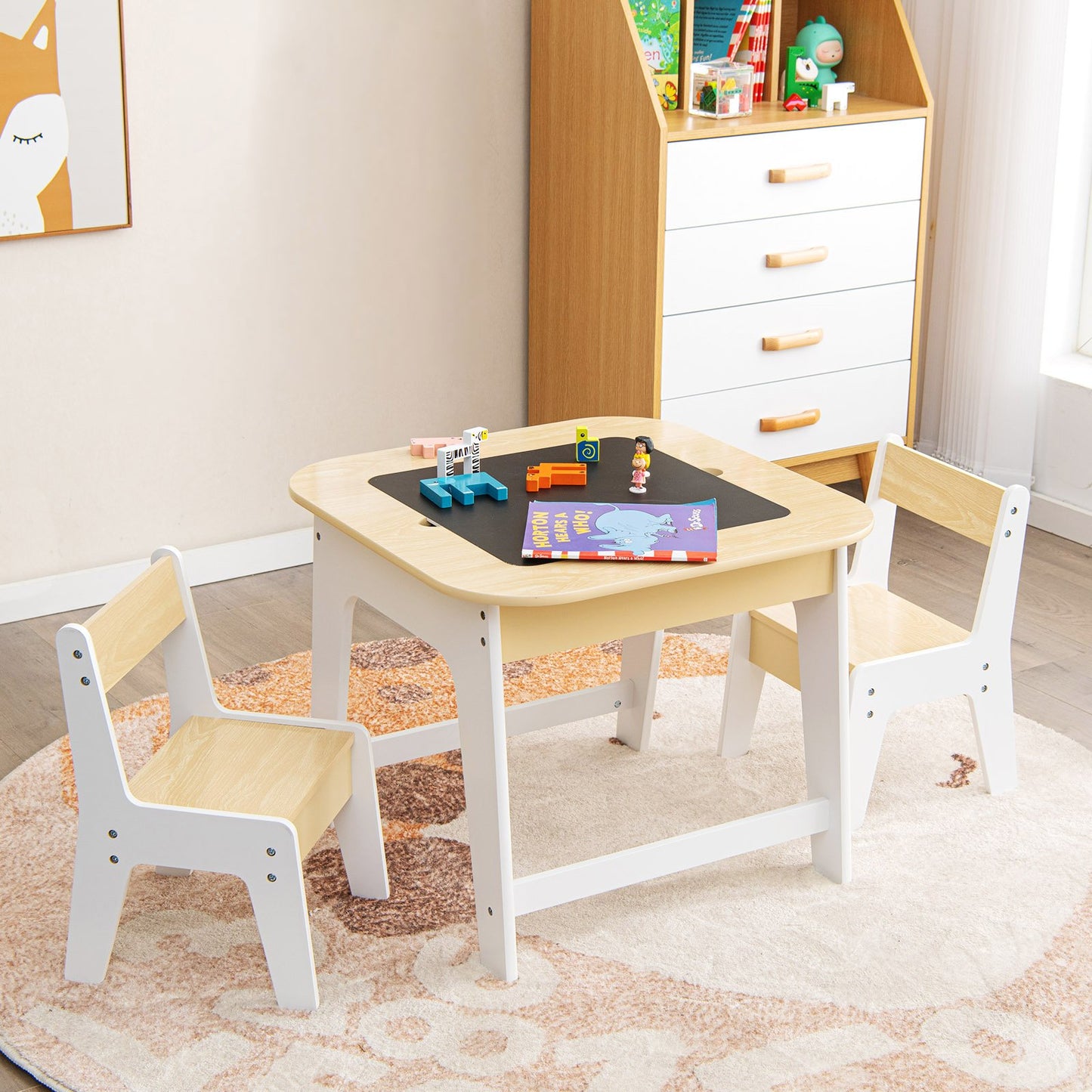 Kid's Table and Chairs Set with Double-sized Tabletop-Gray