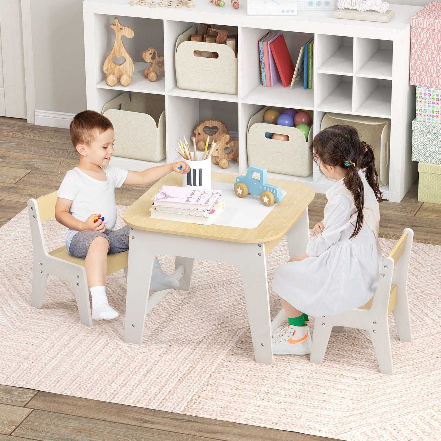Kid's Table and Chairs Set with Double-sized Tabletop-Gray