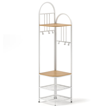4-Tier Coat Rack Corner Hall Tree with Shoe Storage Bench-Natural