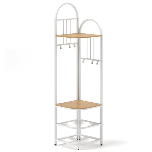 4-Tier Coat Rack Corner Hall Tree with Shoe Storage Bench-Natural