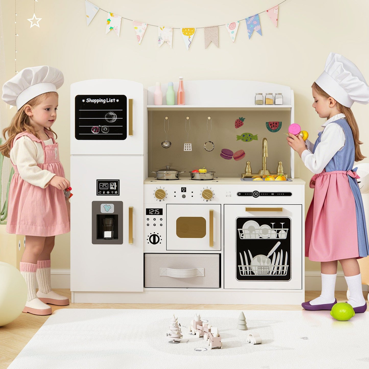 Wooden Kids Kitchen Playset with Chalkboard Ice Maker Sink Lighted Microwave-Pink
