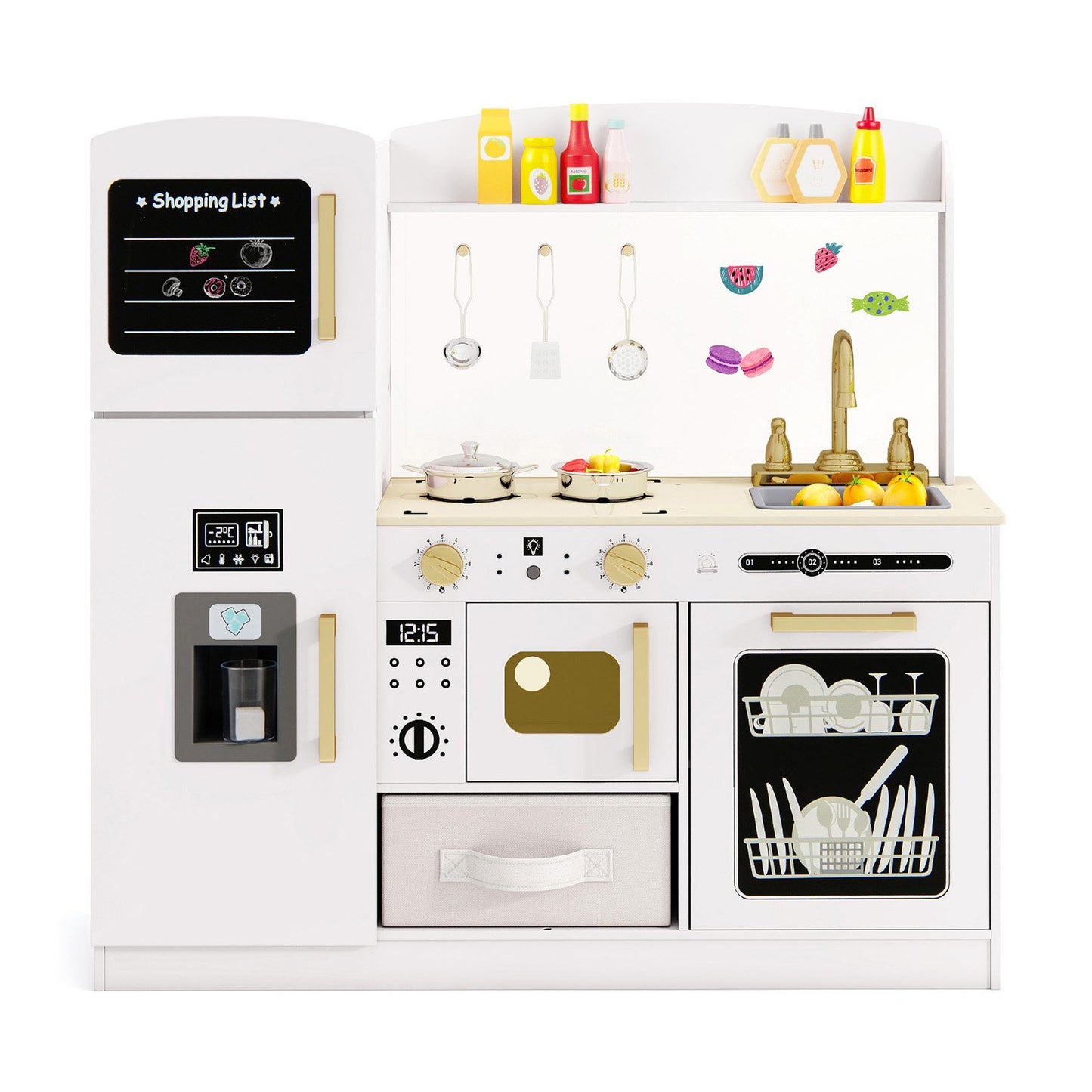 Wooden Kids Kitchen Playset with Chalkboard Ice Maker Sink Lighted Microwave-Pink