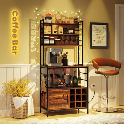 Coffee Bar Cabinet with S-Shaped Hooks and Wine Bottle Holders-Black