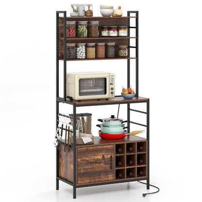 Coffee Bar Cabinet with S-Shaped Hooks and Wine Bottle Holders-Black
