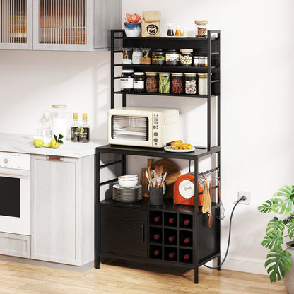Coffee Bar Cabinet with S-Shaped Hooks and Wine Bottle Holders-Black