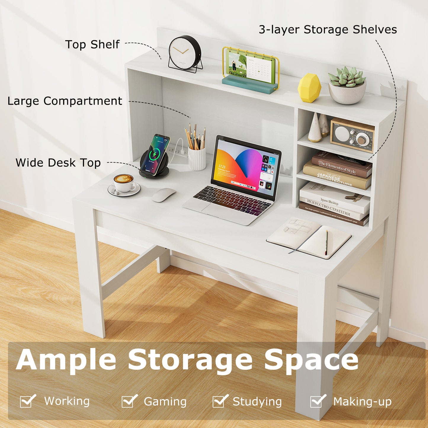 48 Inch Writing Computer Desk with Anti-Tipping Kits and Cable Management Hole-White