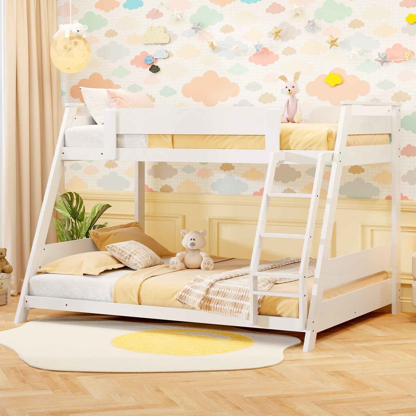 Twin Over Full Low Bunk Bed with Reversible Ladder-Gray
