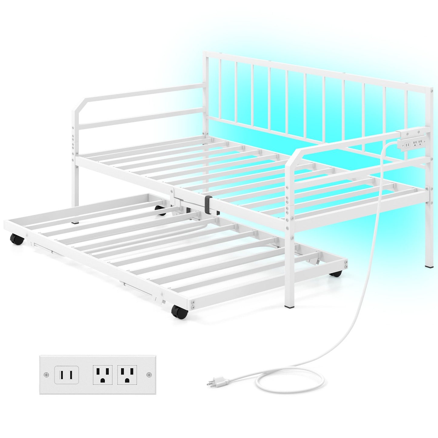 Adjustable Metal Twin Size Daybed with Charging Station and LED Light-Black
