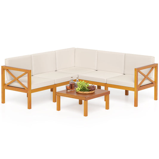 Outdoor 6 Pieces Acacia Wood Patio Sectional Furniture Set-White