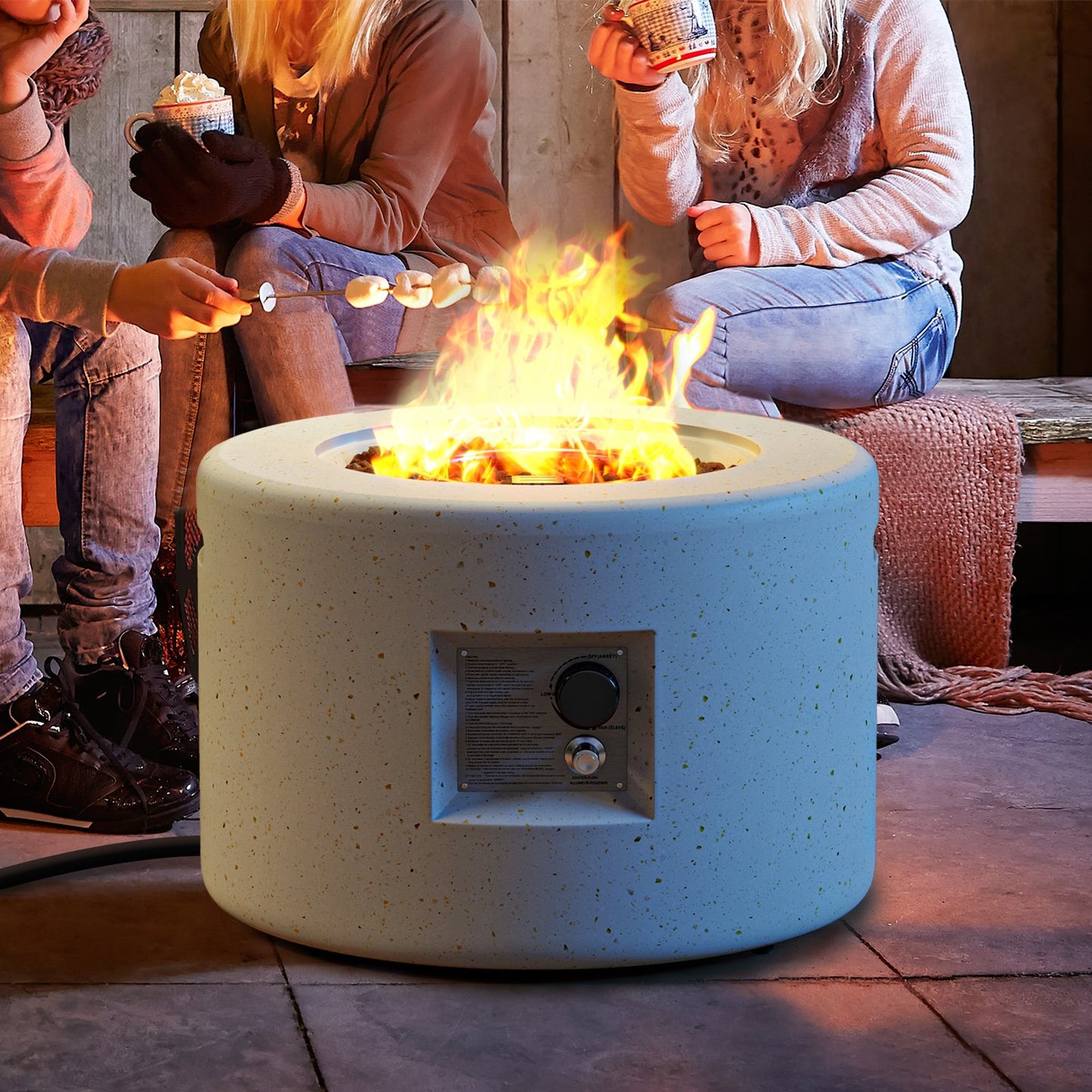 Round Terrazzo Propane Gas Fire Pit Protective PVC Cover  Lava Rocks Included