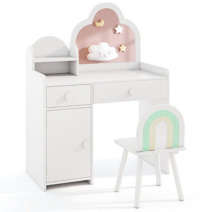 Kids Vanity Table and Chair Set with Cloud-shaped Mirror and Open Shelf-Pink