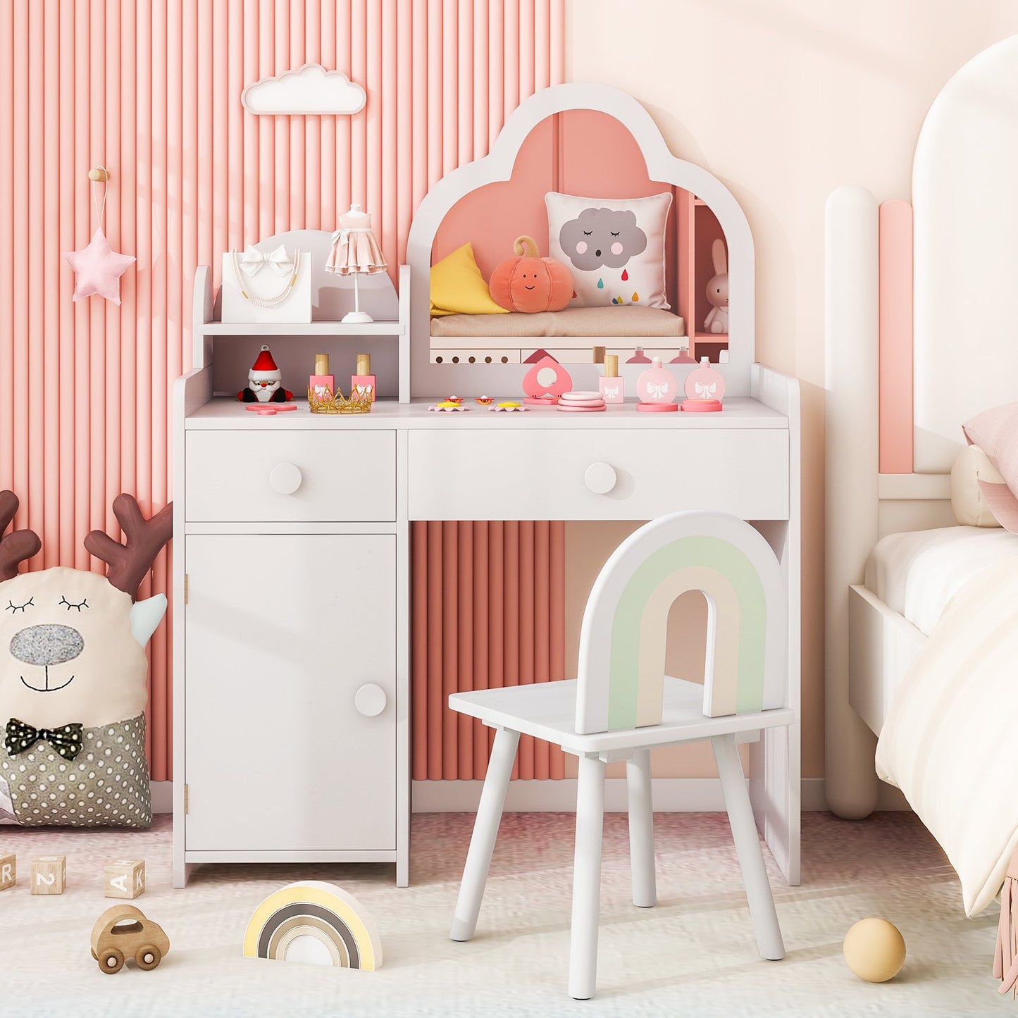 Kids Vanity Table and Chair Set with Cloud-shaped Mirror and Open Shelf-Pink