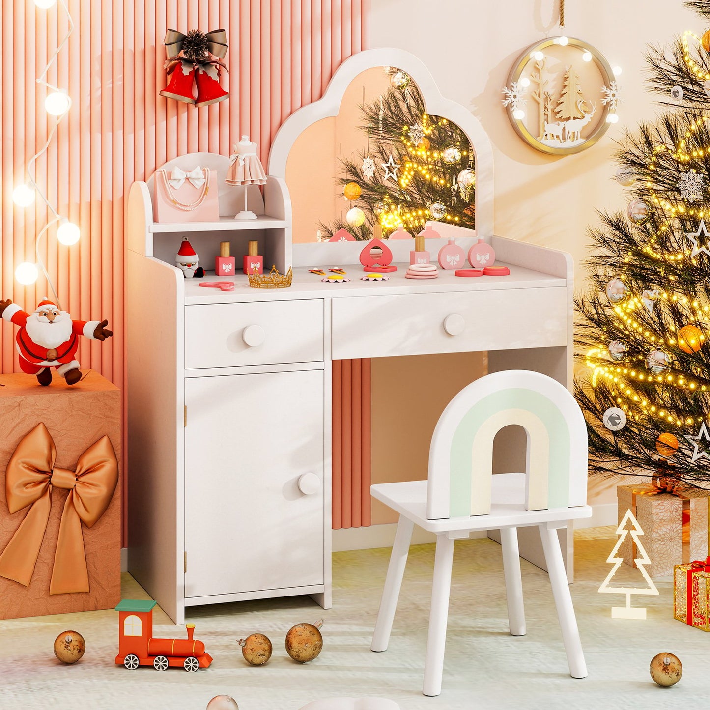 Kids Vanity Table and Chair Set with Cloud-shaped Mirror and Open Shelf-Pink