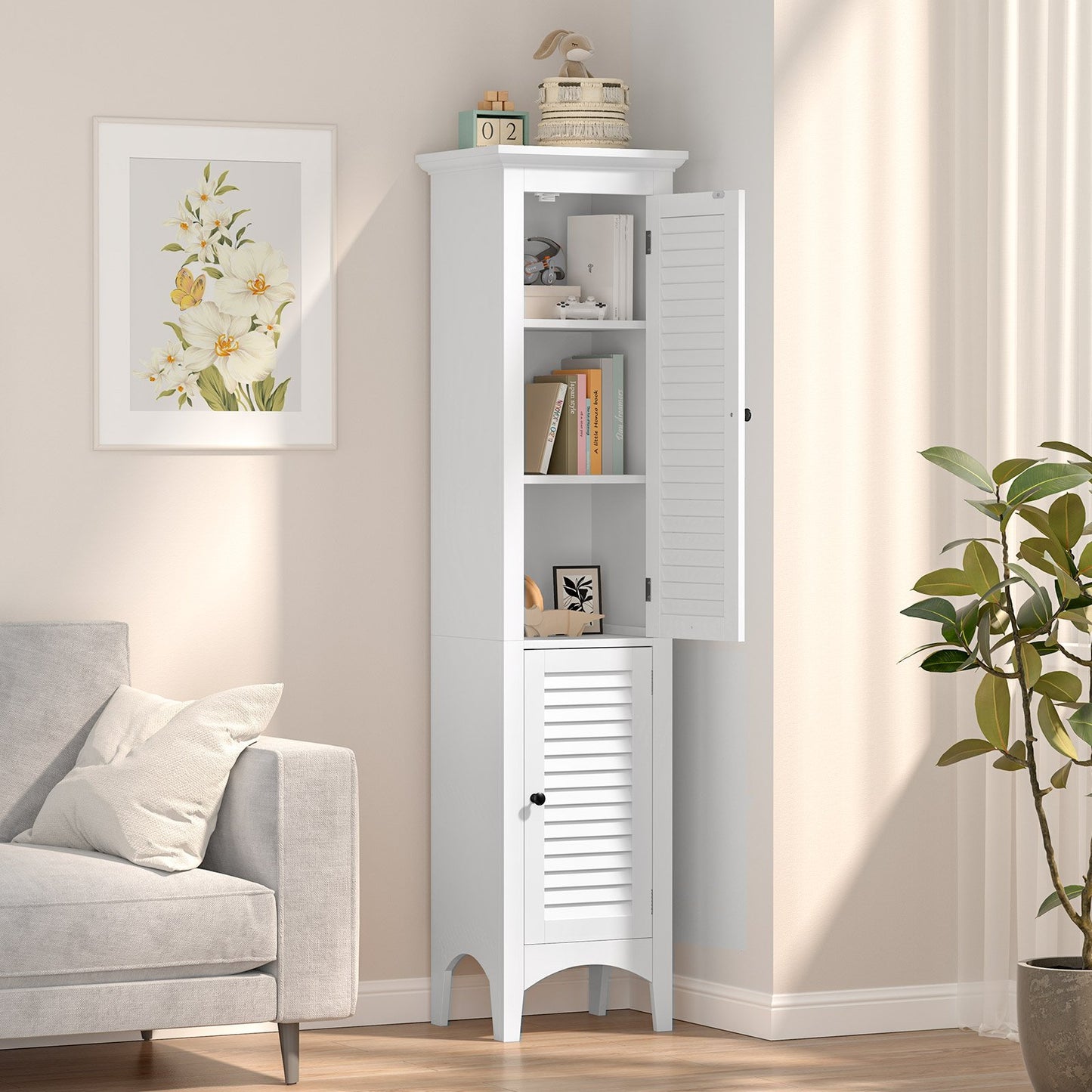 Tall Bathroom Floor Cabinet with Shutter Doors and Adjustable Shelf-Black