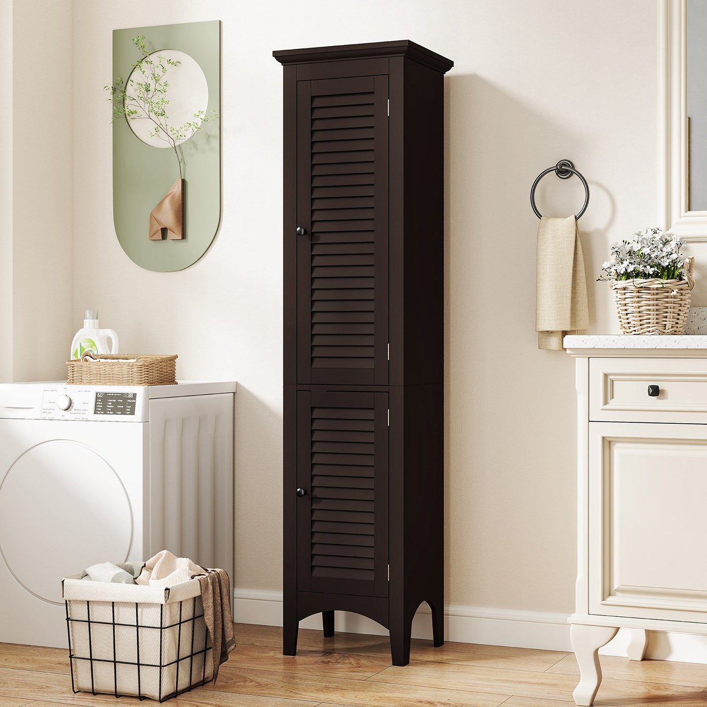 Tall Bathroom Floor Cabinet with Shutter Doors and Adjustable Shelf-Black