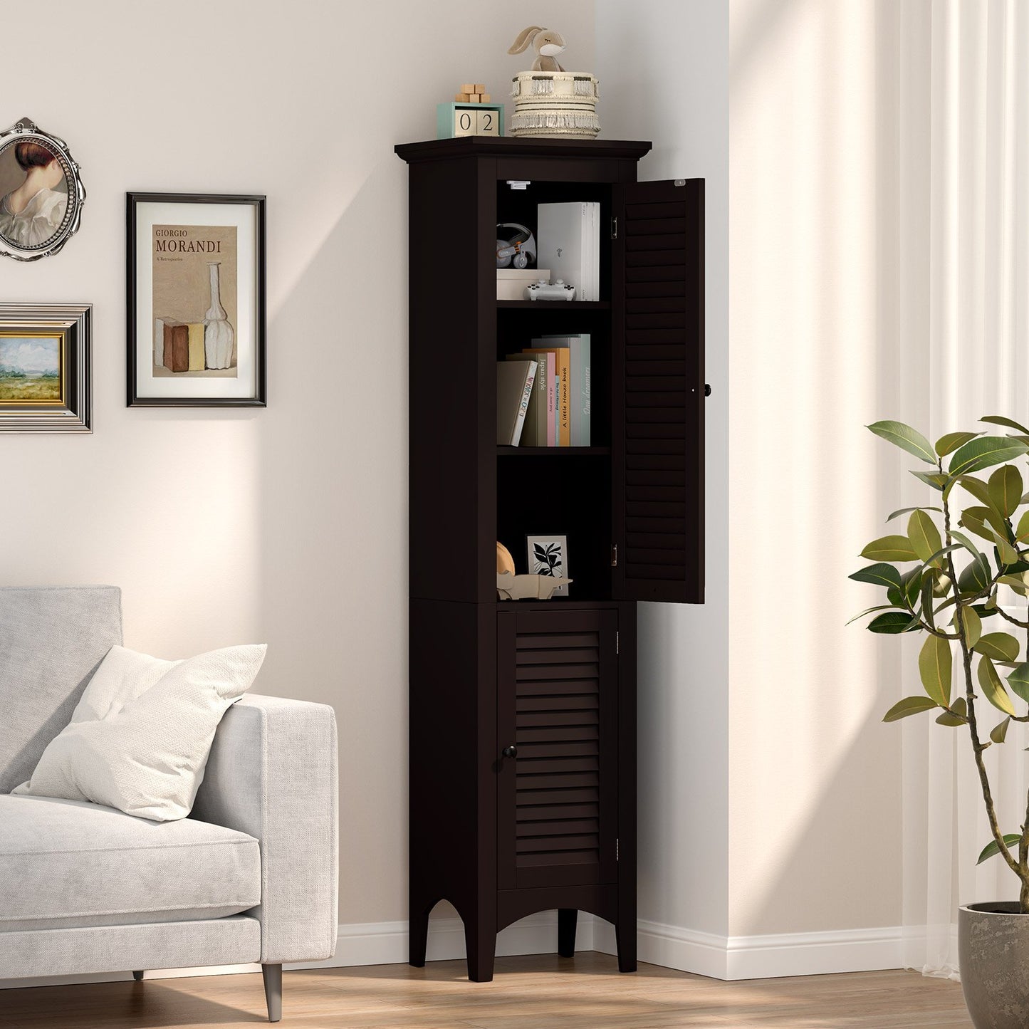 Tall Bathroom Floor Cabinet with Shutter Doors and Adjustable Shelf-Black