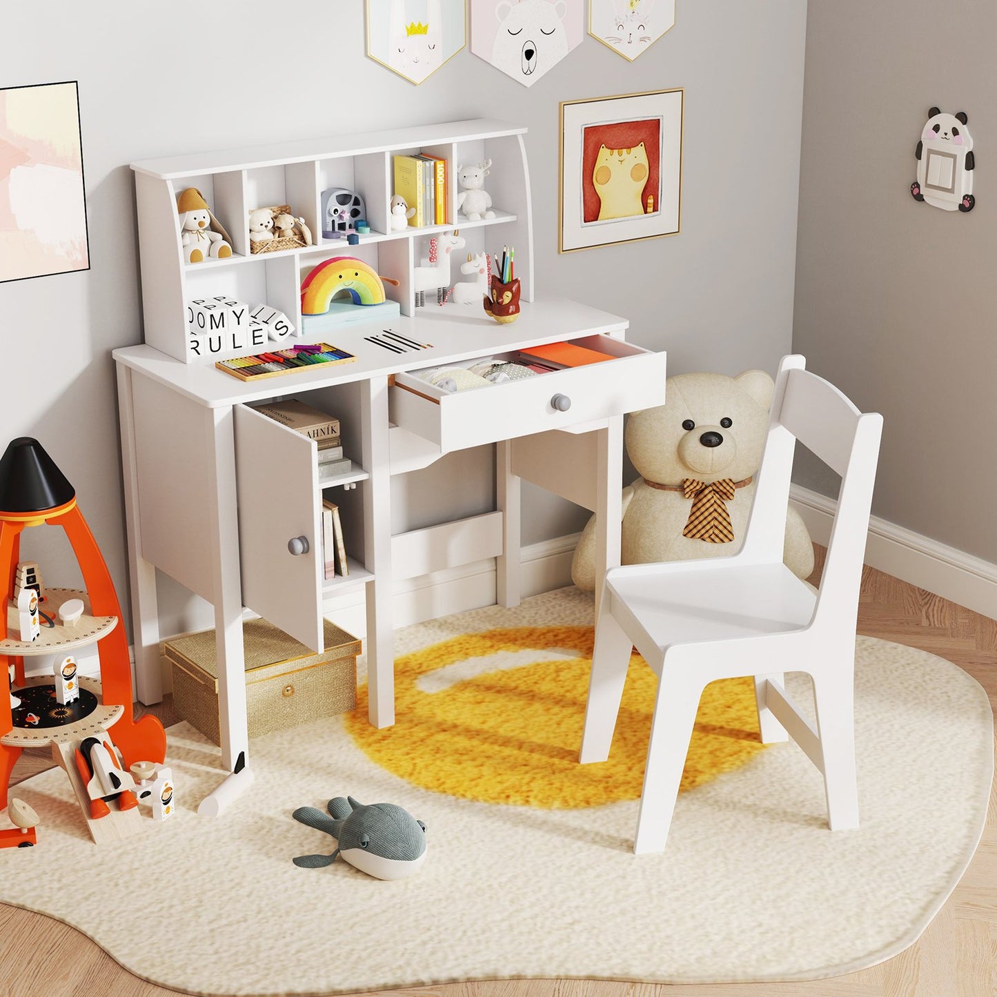 Kids Study Desk and Chair Set with Chair Hutch and Storage Cabinet for 3+ Years Old-Pink