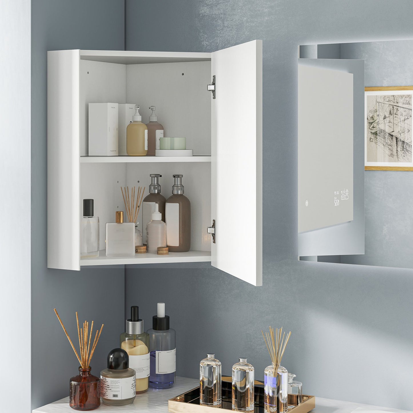 Corner Medicine Cabinet with Mirror with Open Mirror Door and Adjustable Shelf-Brown