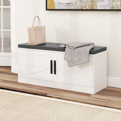 Shoe Bench with Cushion Farmhouse Shoe Rack Organizer with 2 Barn Doors-White