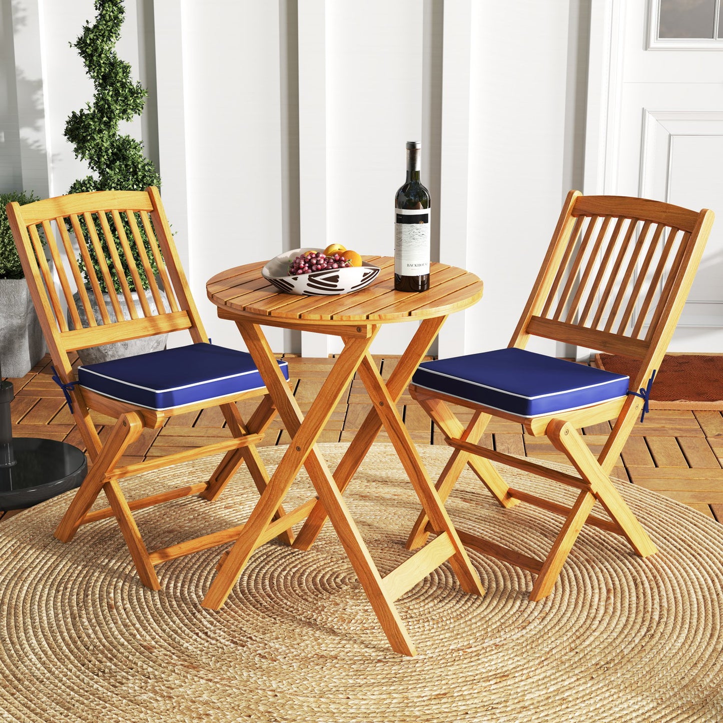 3 Pieces Acacia Wood Patio Folding Bistro Set with Soft Cushions-Beige