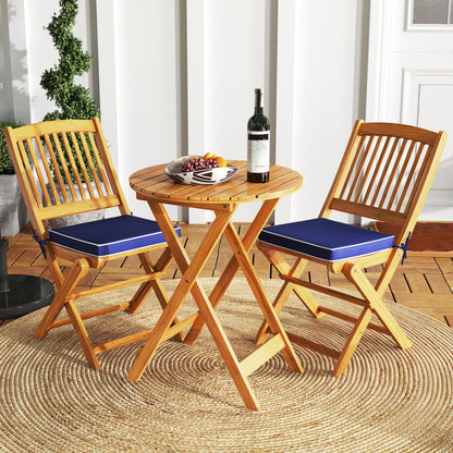3 Pieces Acacia Wood Patio Folding Bistro Set with Soft Cushions-Beige