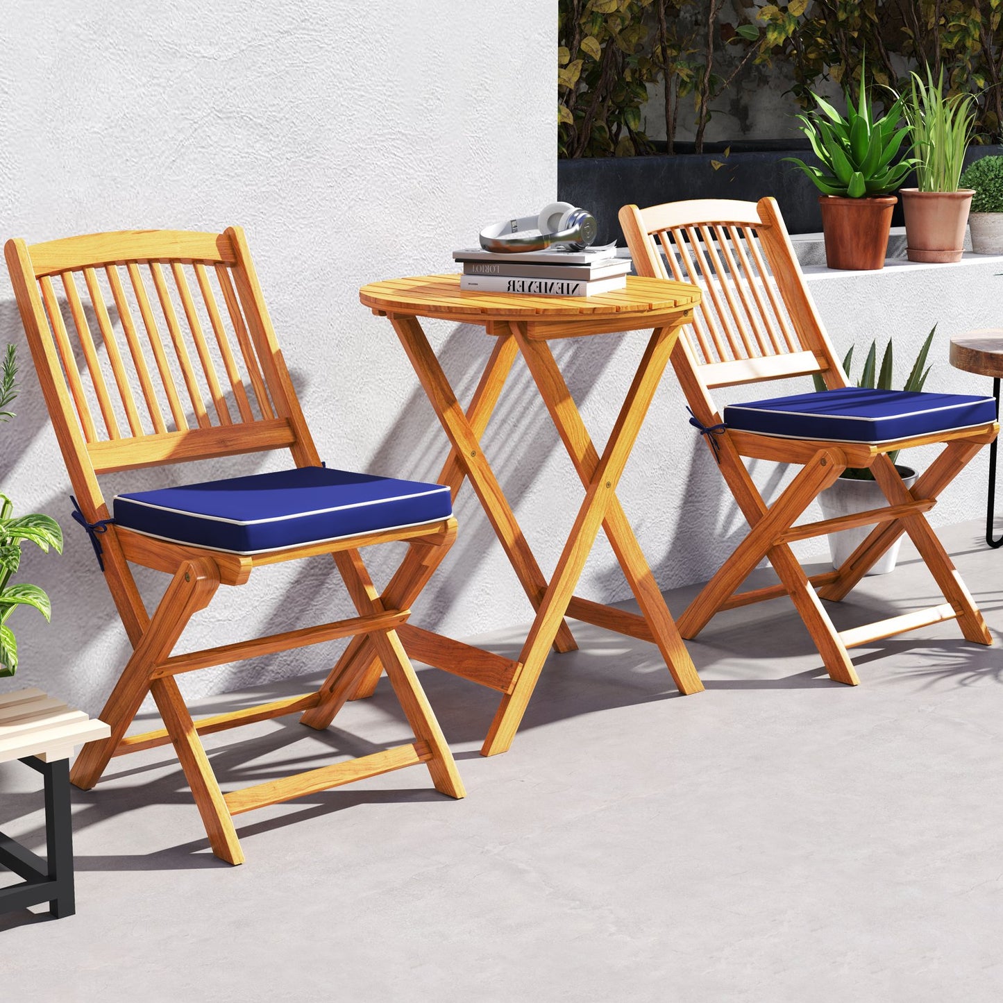 3 Pieces Acacia Wood Patio Folding Bistro Set with Soft Cushions-Beige