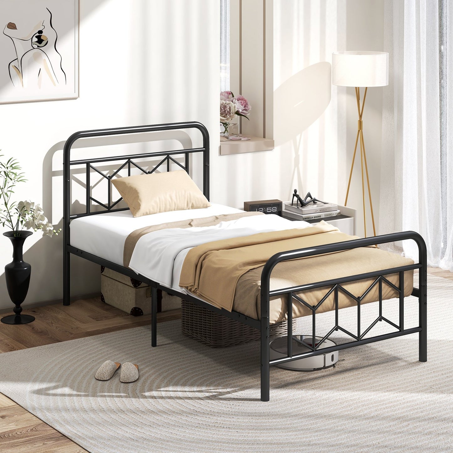 Platform Bed with High Headboard and Snap Lock Metal Slats-King Size